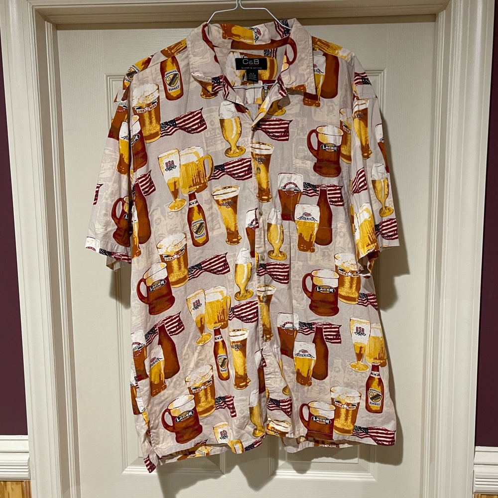 Mens Croft & Barrow Sport Beer Shirt American Flag Short Sleeve Button XL T